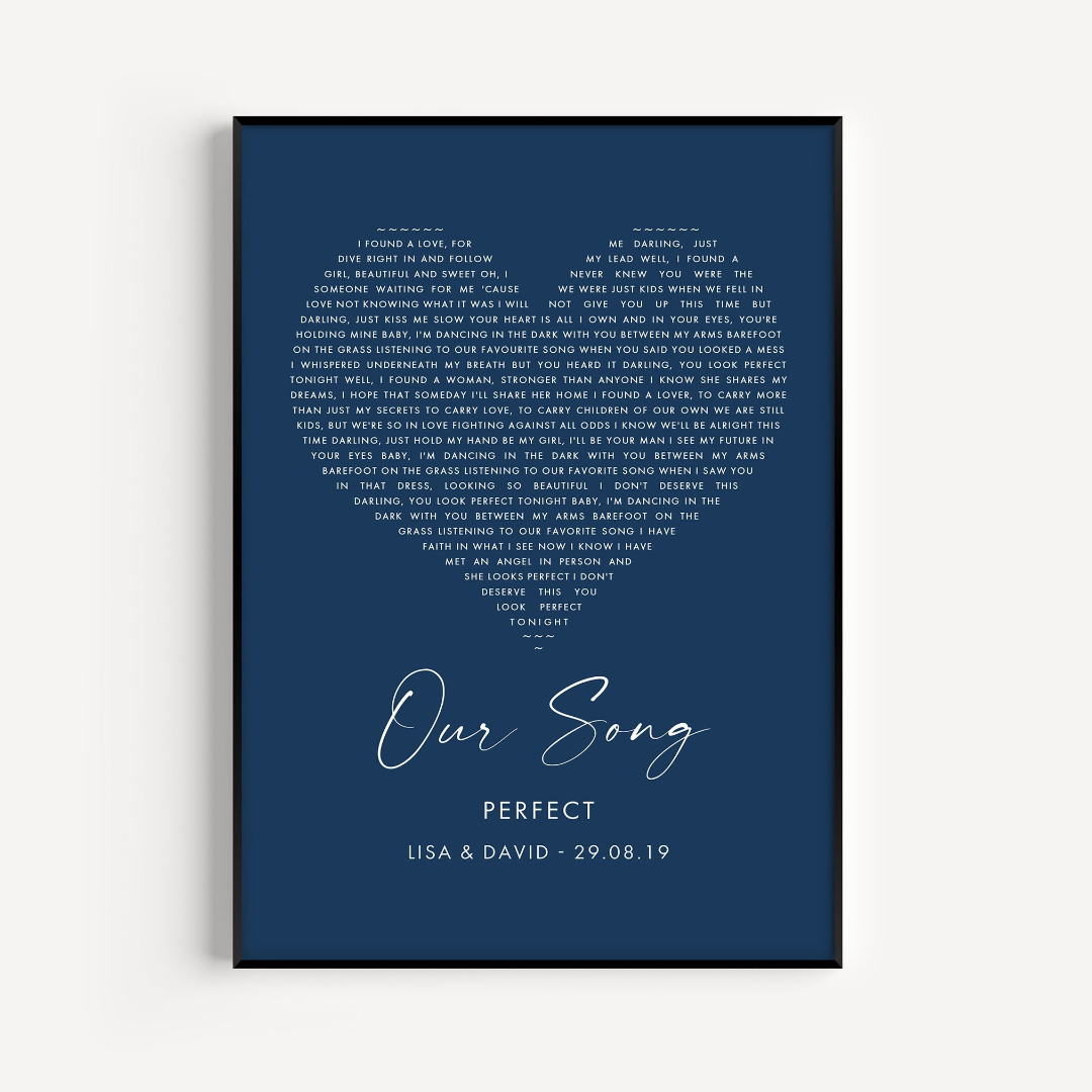 personalised couples our song heart song lyrics print navy blue matte smooth paperstock unframed