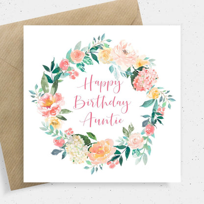 watercolour floral wreath birthday card auntie personalised matte white cardstock kraft brown envelope square