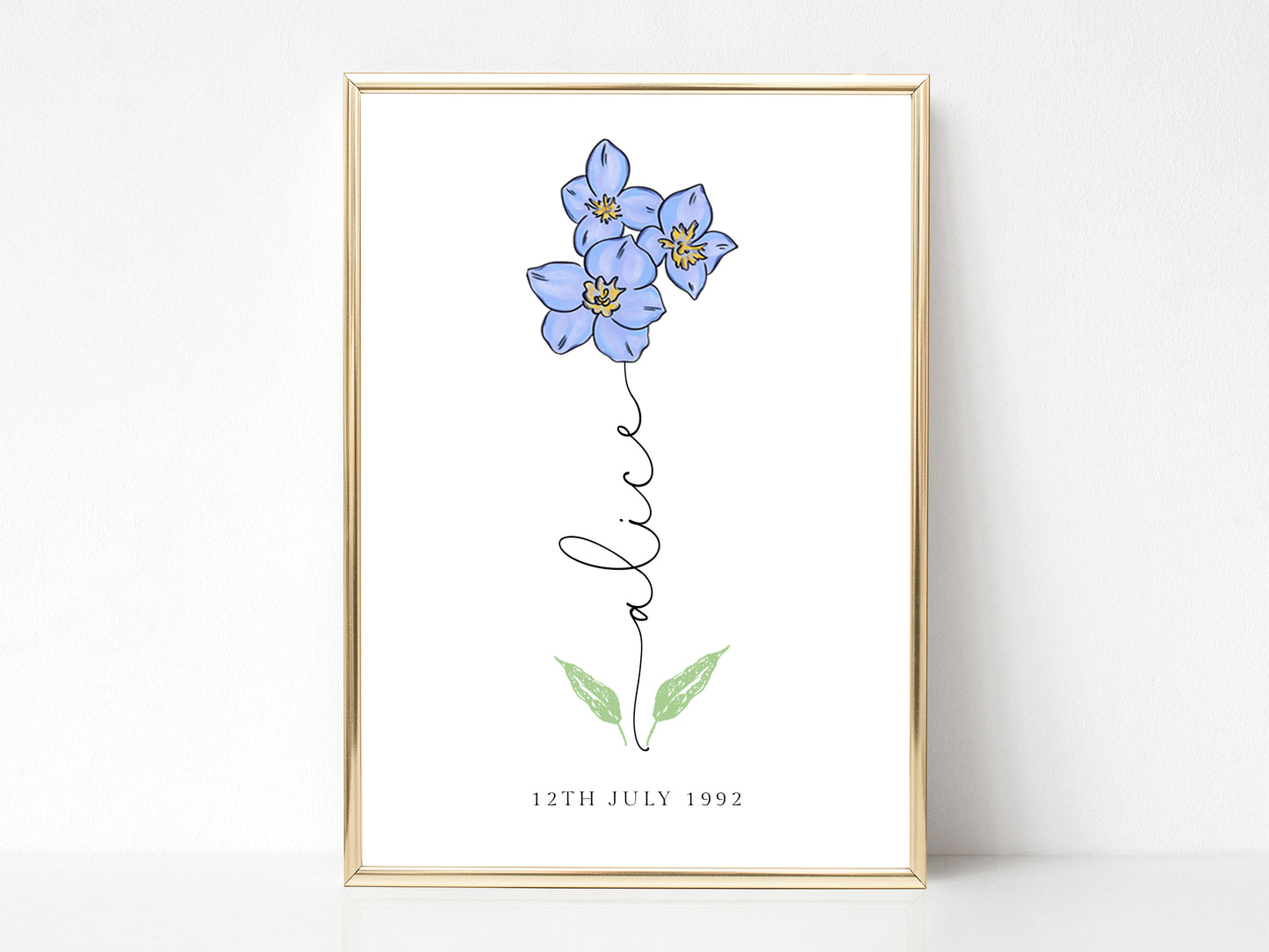 a blue flower with the word love written in cursive writing