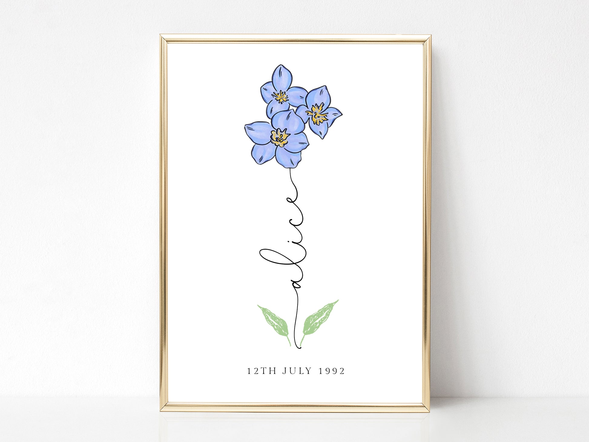 a blue flower with the word love written in cursive writing