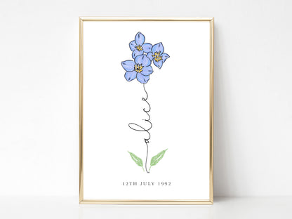 a blue flower with the word love written in cursive writing