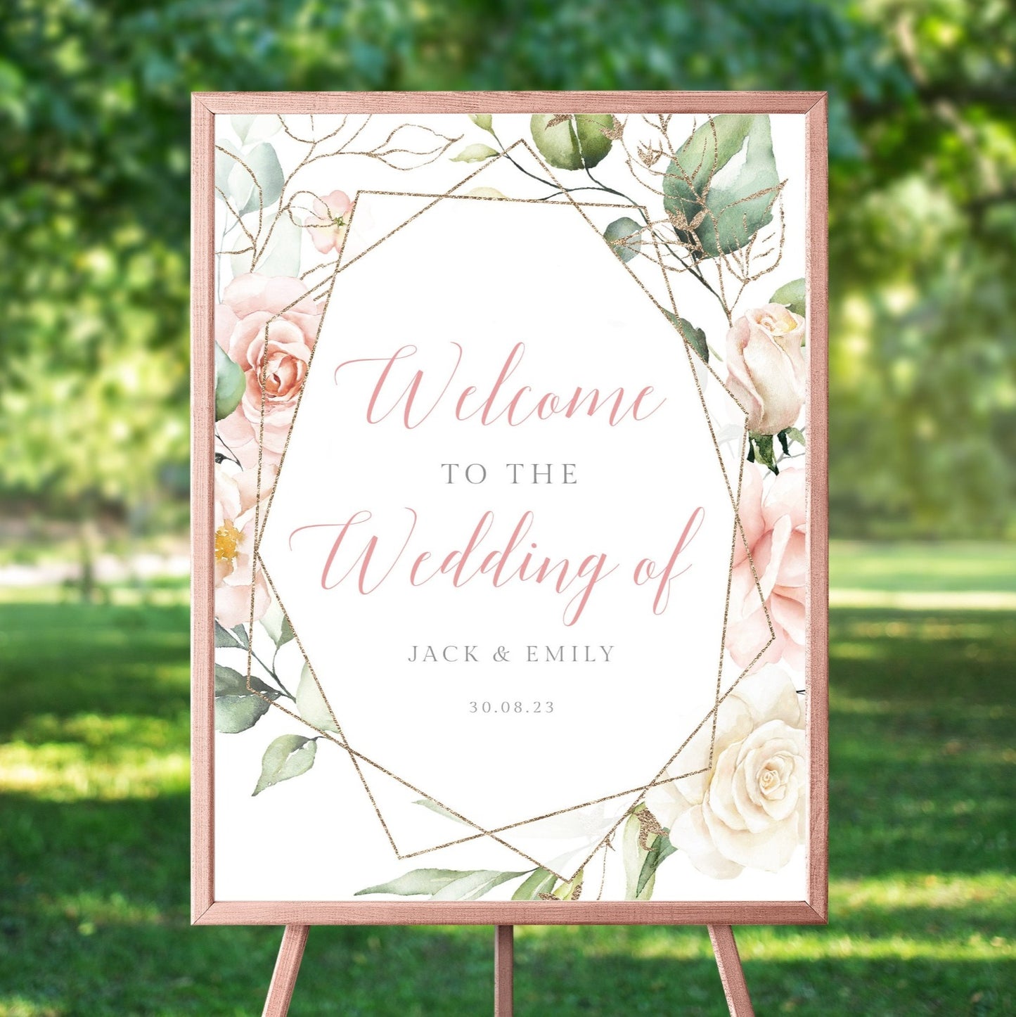 personalised watercolour pink floral wedding welcome sign unframed matte smooth white paperstock