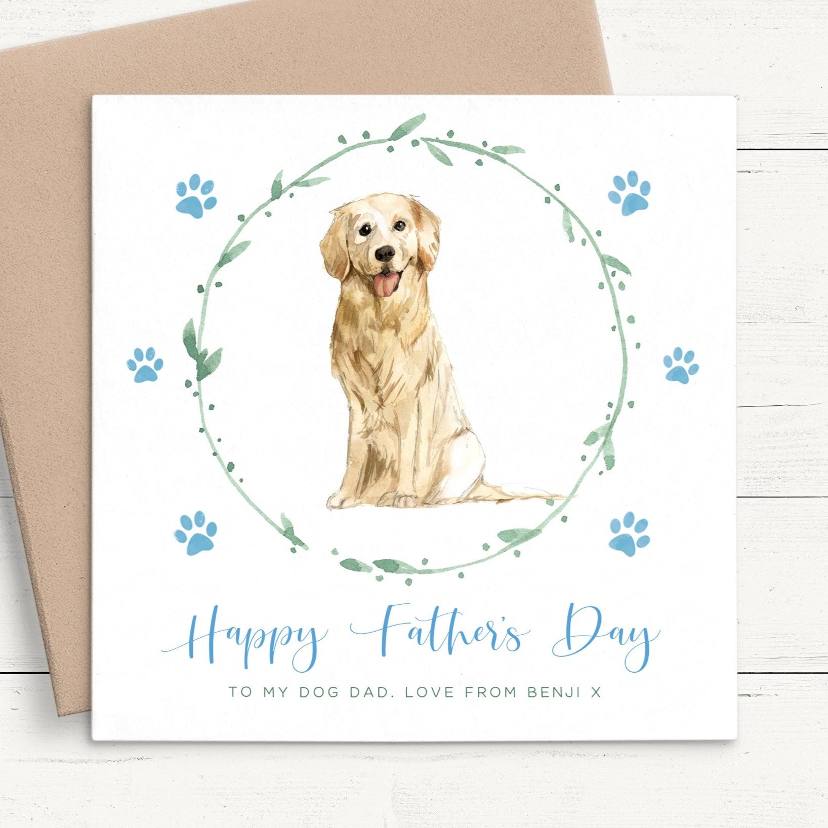 personalised fathers day card from the dog customised watercolour matte white cardstock kraft brown envelope square