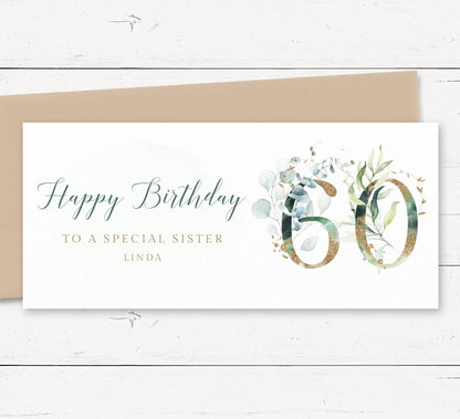 eucalyptus 60th birthday money wallet card female personalised matte white cardstock kraft brown envelope