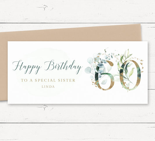 eucalyptus 60th birthday money wallet card female personalised matte white cardstock kraft brown envelope