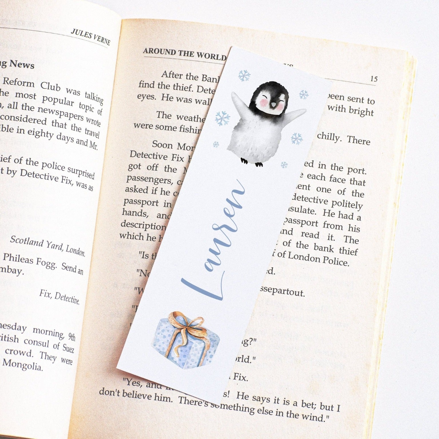 personalised watercolour penguin christmas bookmark kids smooth matte white cardstock