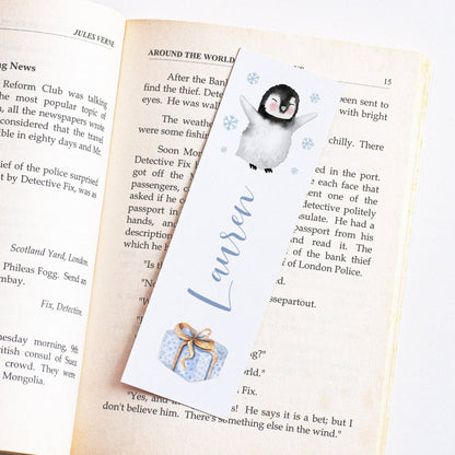 personalised watercolour penguin christmas bookmark kids smooth matte white cardstock