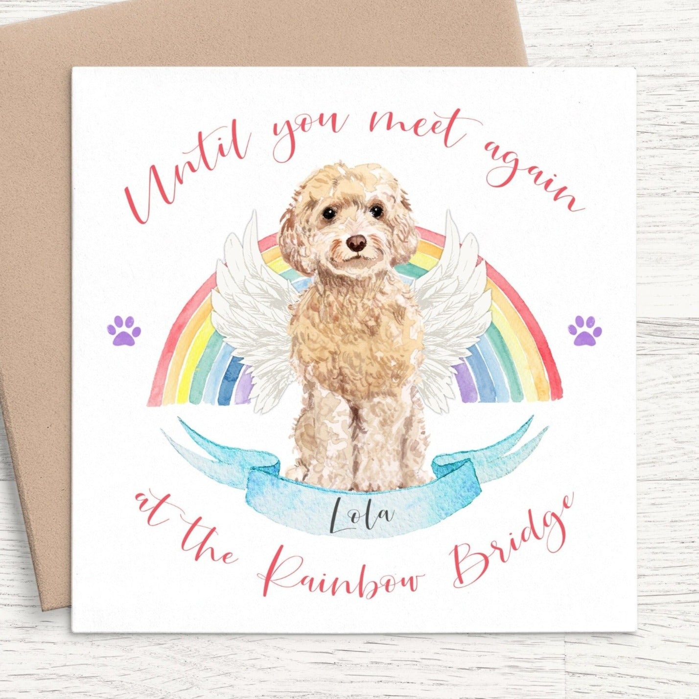 watercolour personalised dog rainbow bridge sympathy card matte white smooth cardstock kraft brown envelope
