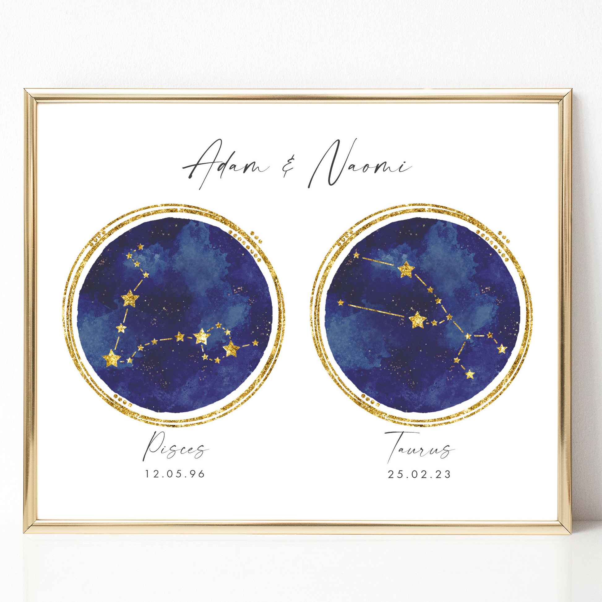 navy watercolour zodiac couple print personalised with names and star signs unframed matte white smooth paperstock