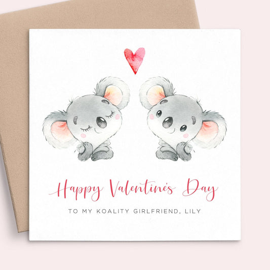 watercolour koala happy valentines day card girlfriend personalised name matte white cardstock square kraft brown envelope