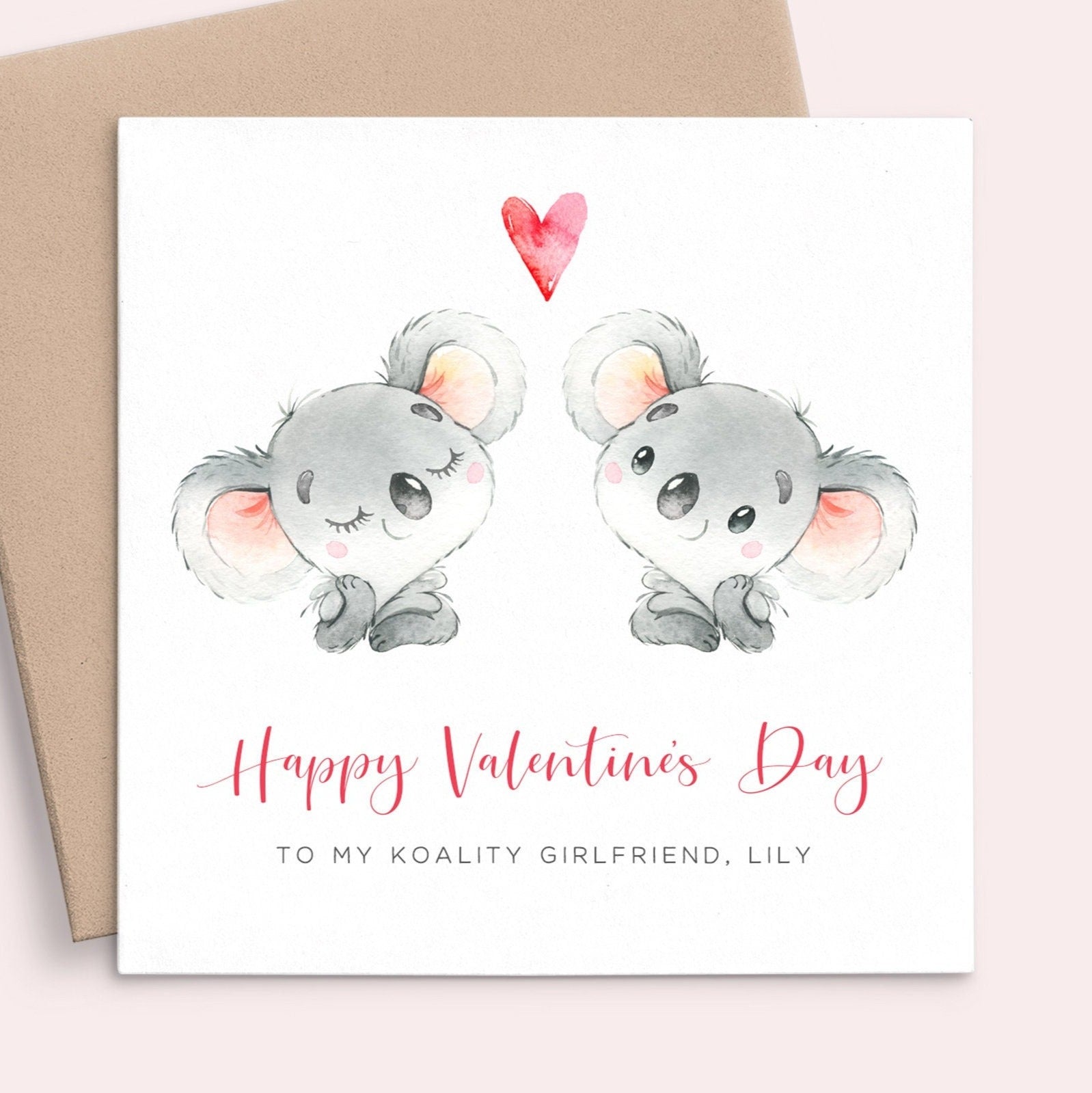 watercolour koala happy valentines day card girlfriend personalised name matte white cardstock square kraft brown envelope