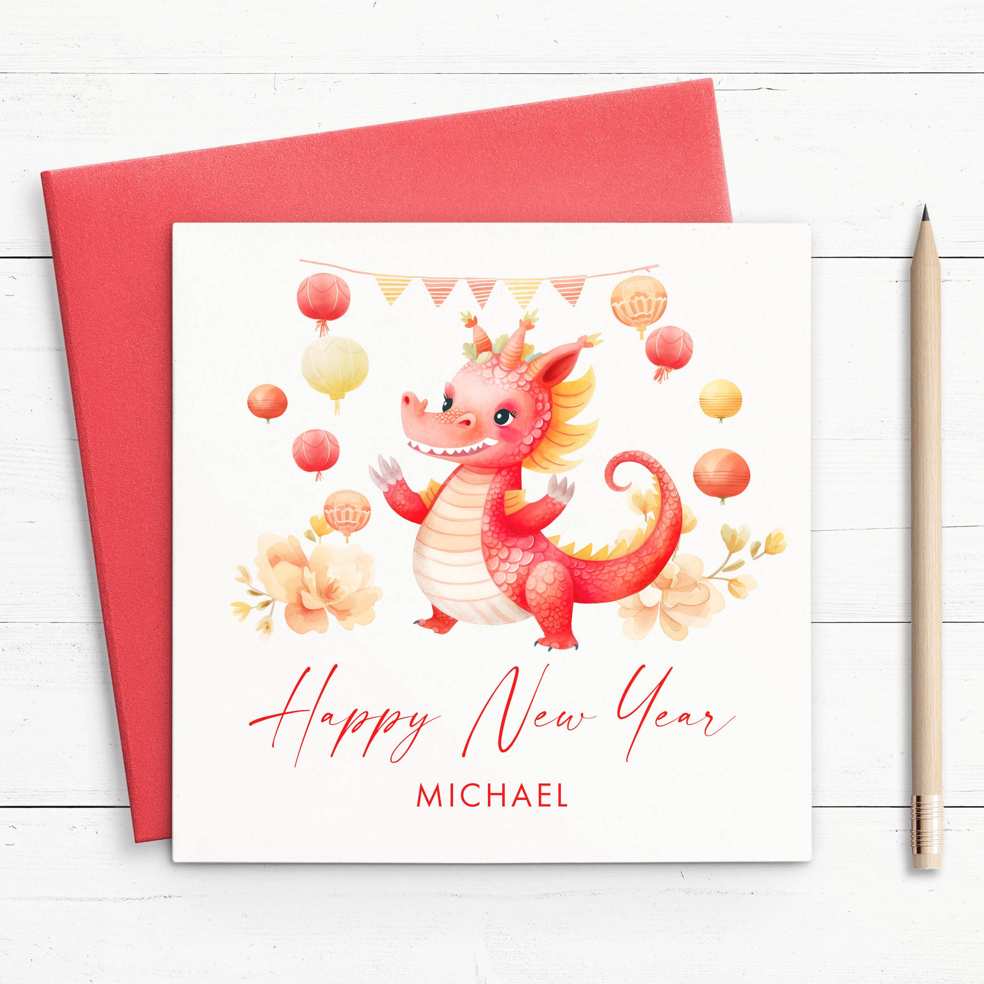 dragon happy chinese lunar new year card personalised white smooth matte cardstock red envelope