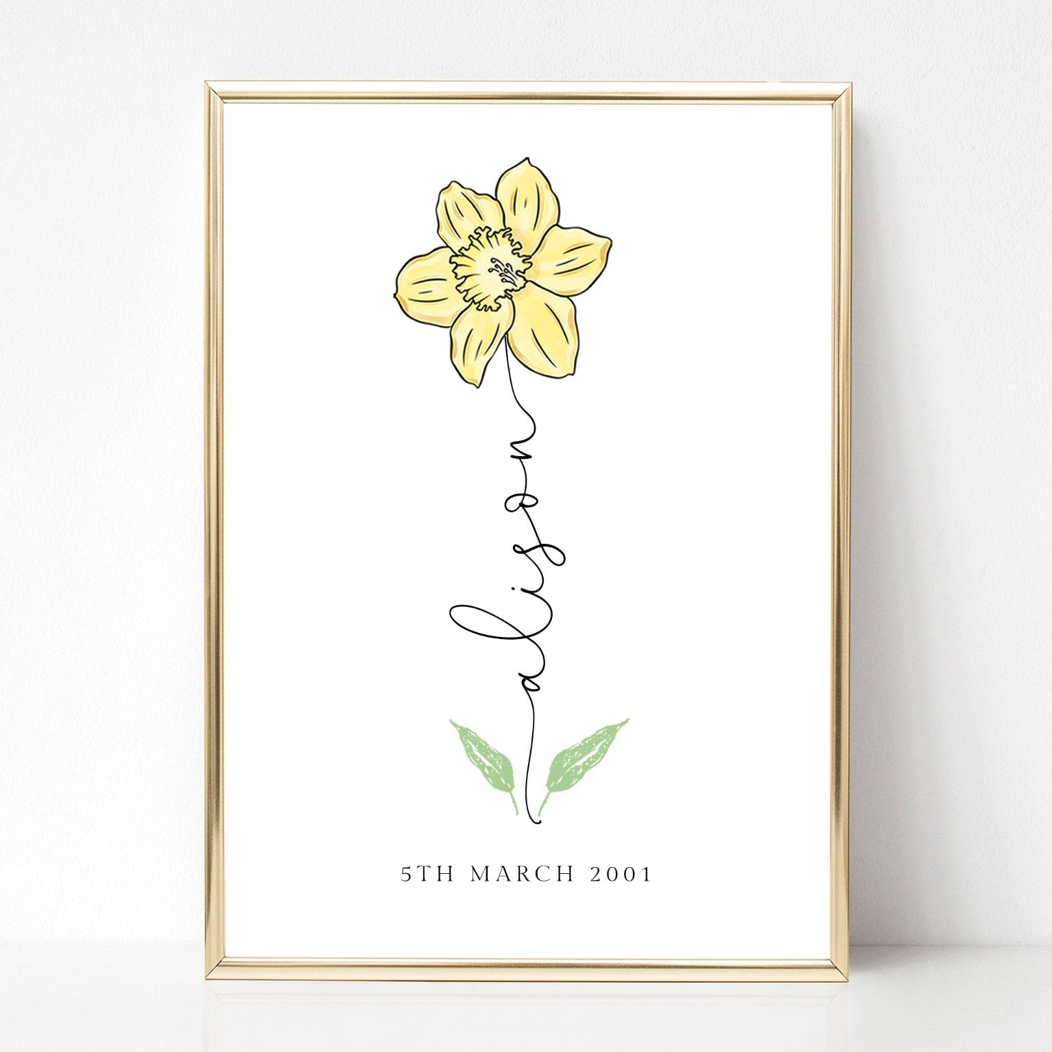 march daffodil birth flower print personalised with name and date matte white smooth paperstock unframed