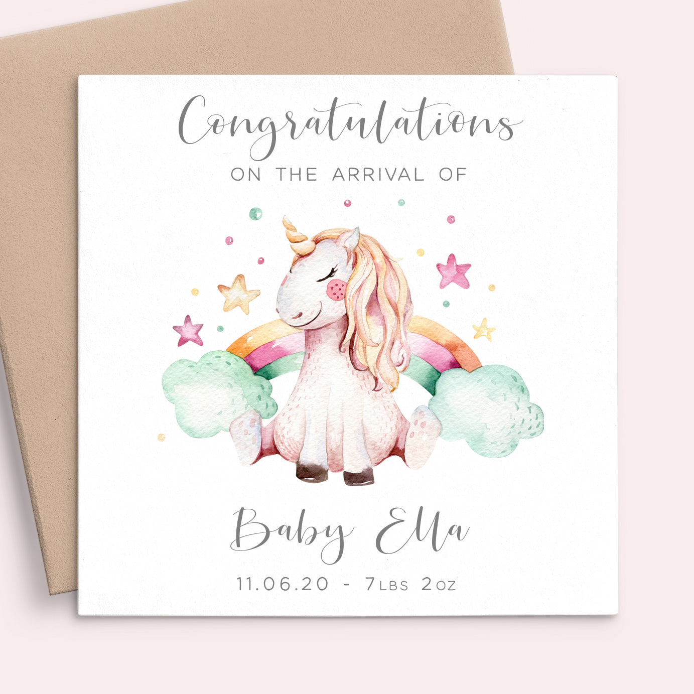 Personalised Greeting Cards New Baby Girl, Pink Unicorn Design
