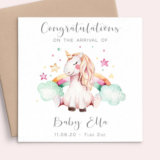 pink unicorn new baby girl personalised matte white cardstock kraft brown envelope