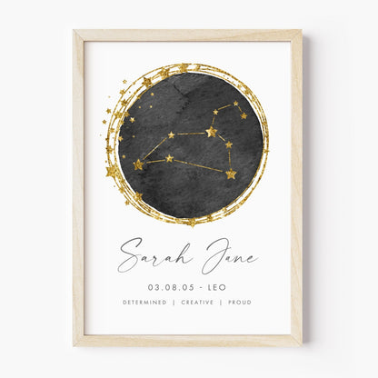 unframed personalised leo zodiac print constellation black and gold watercolour matte white paperstock