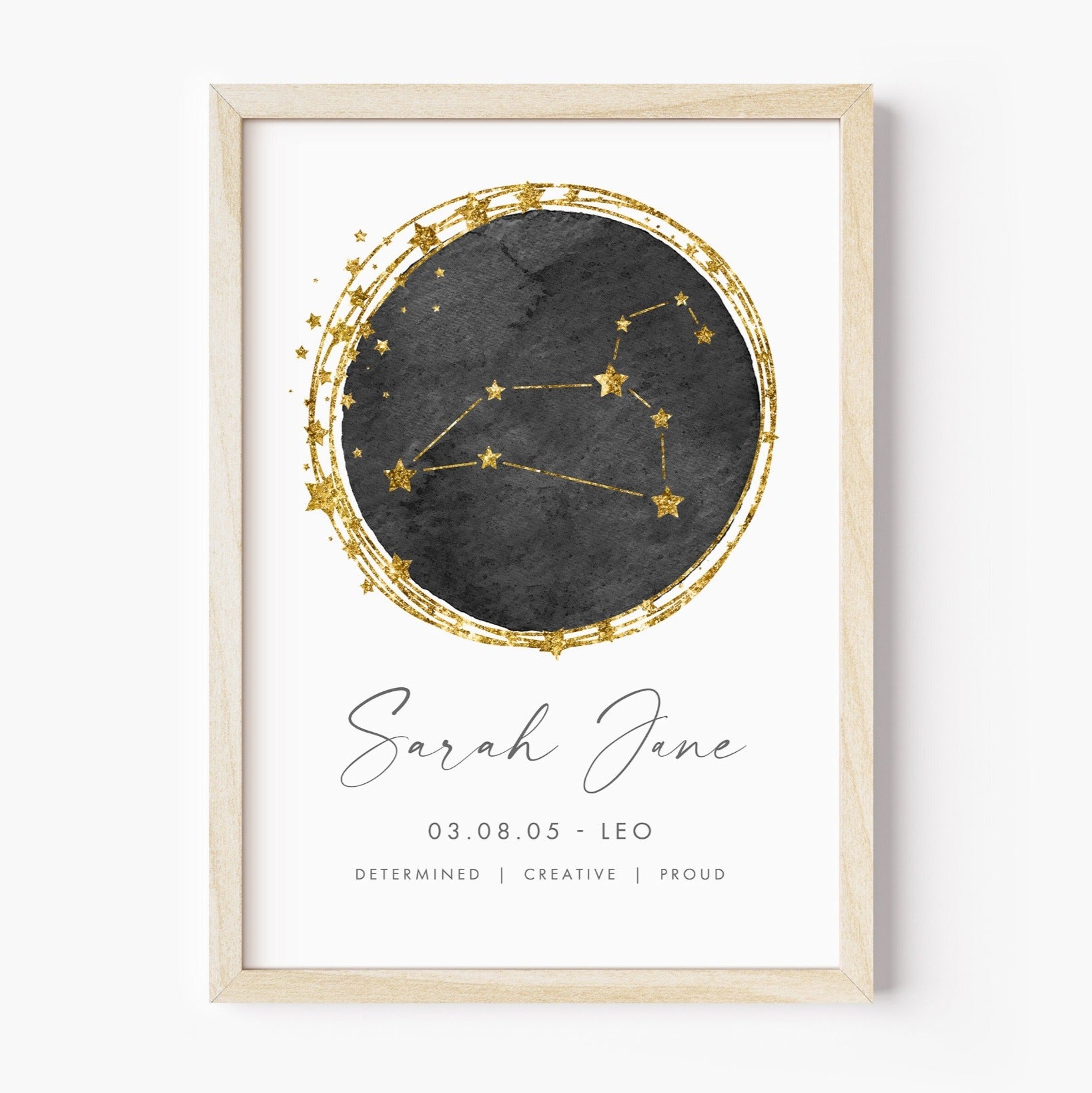 unframed personalised leo zodiac print constellation black and gold watercolour matte white paperstock