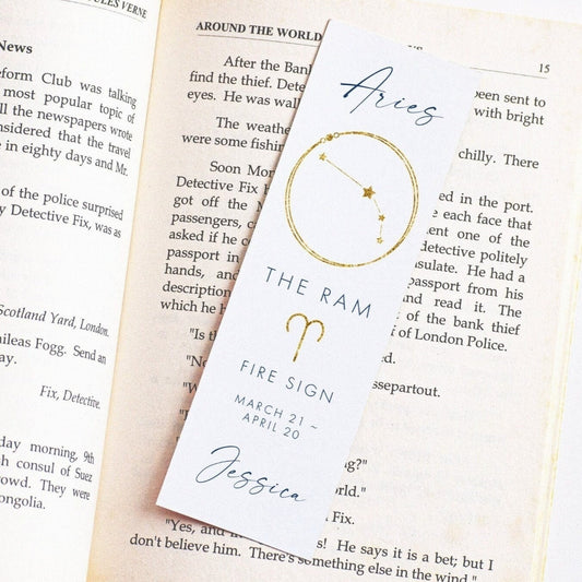 aries personalised gold navy zodiac bookmark for women matte white smooth cardstock