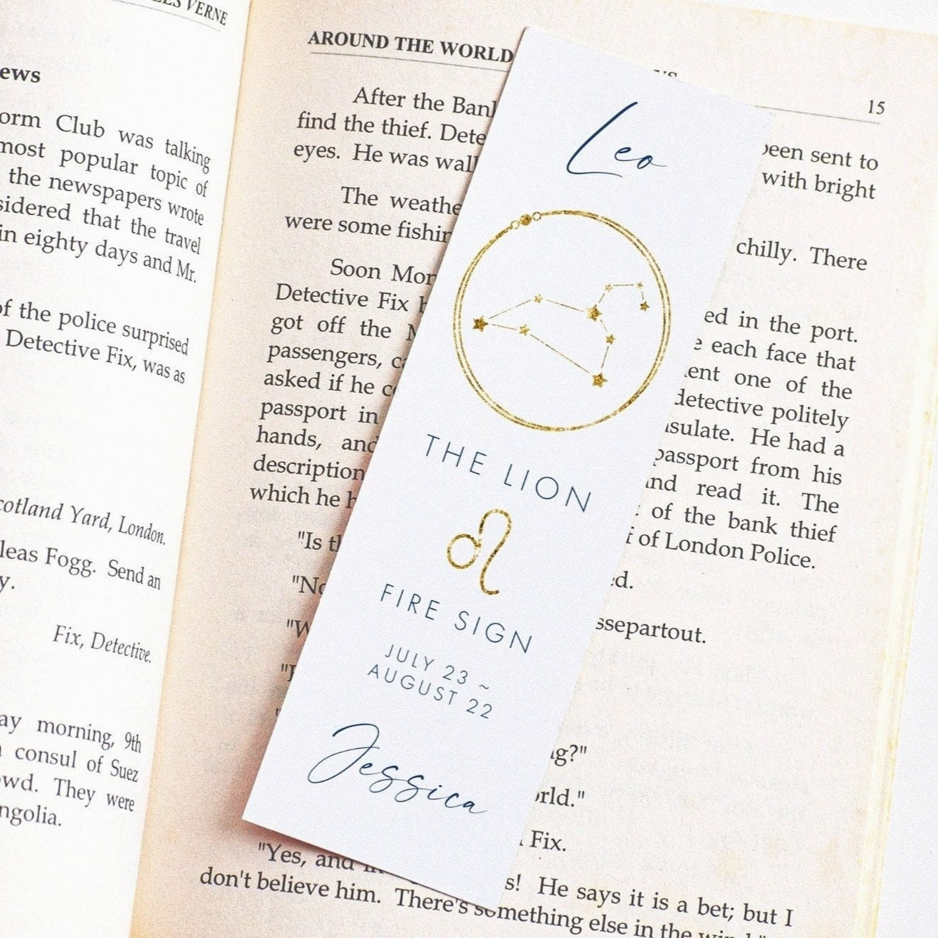 leo personalised gold navy zodiac bookmark for women matte white smooth cardstock