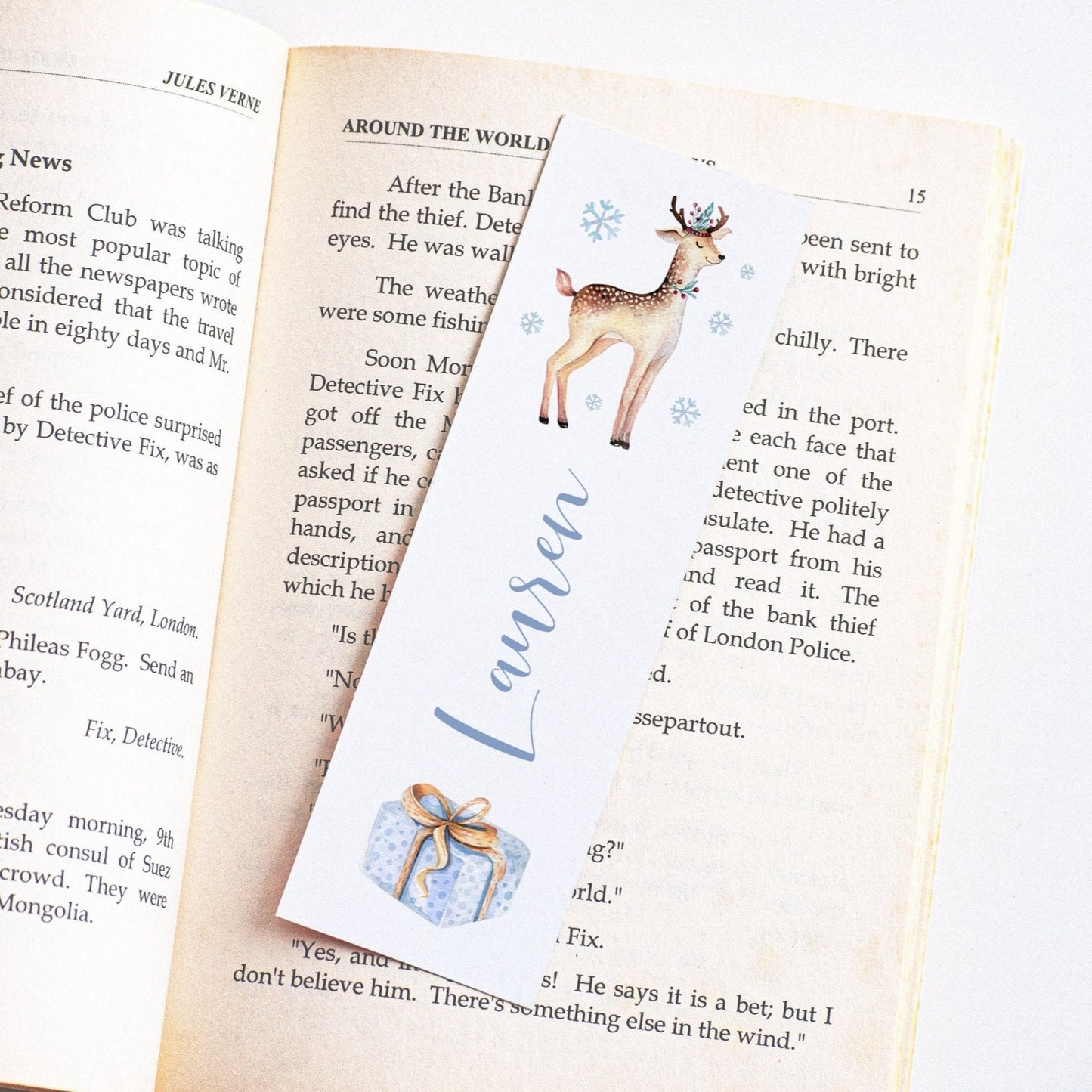 personalised reindeer kids christmas bookmark matte white smooth cardstock