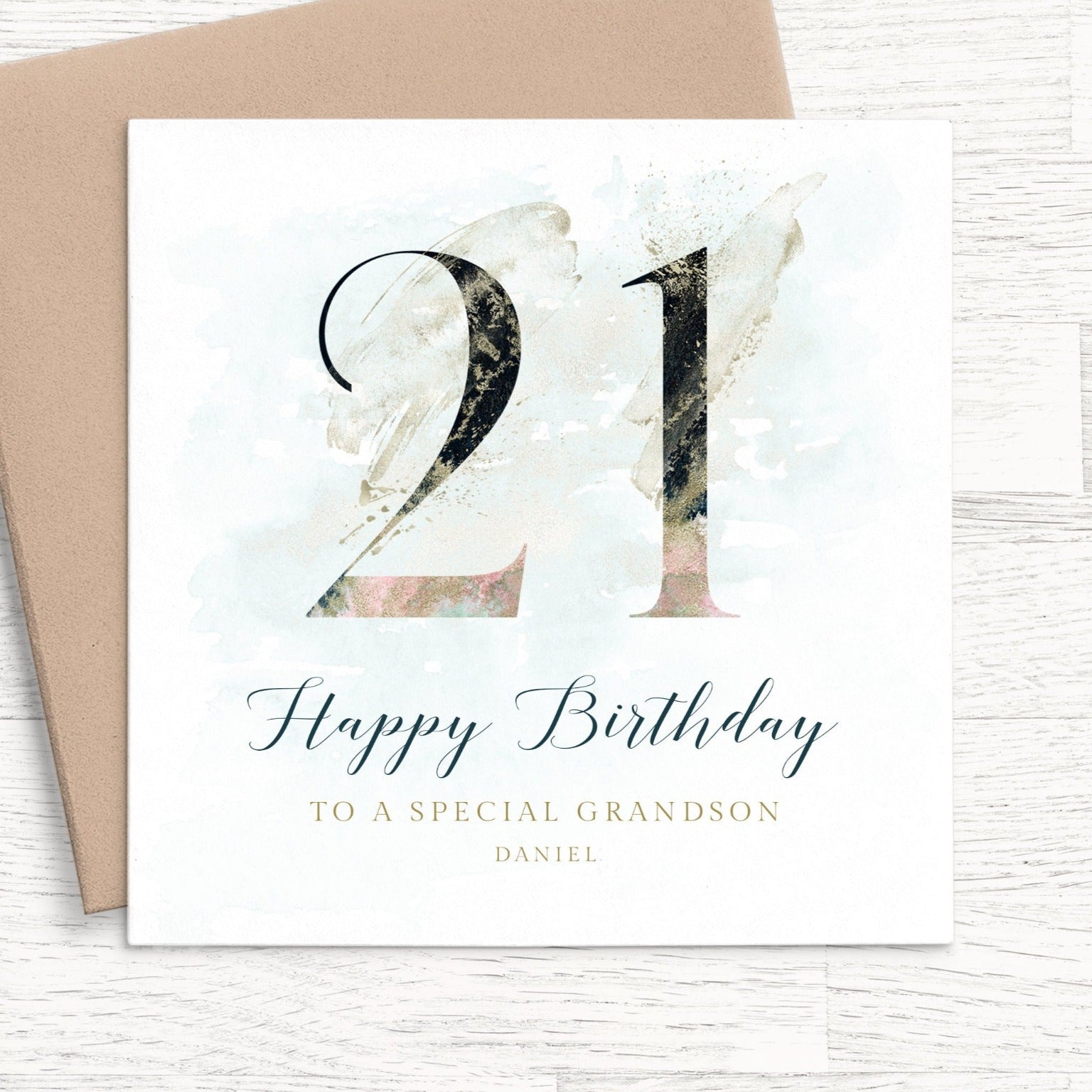 grandson navy 21st birthday card personalised smooth matte white cardstock kraft brown envelope