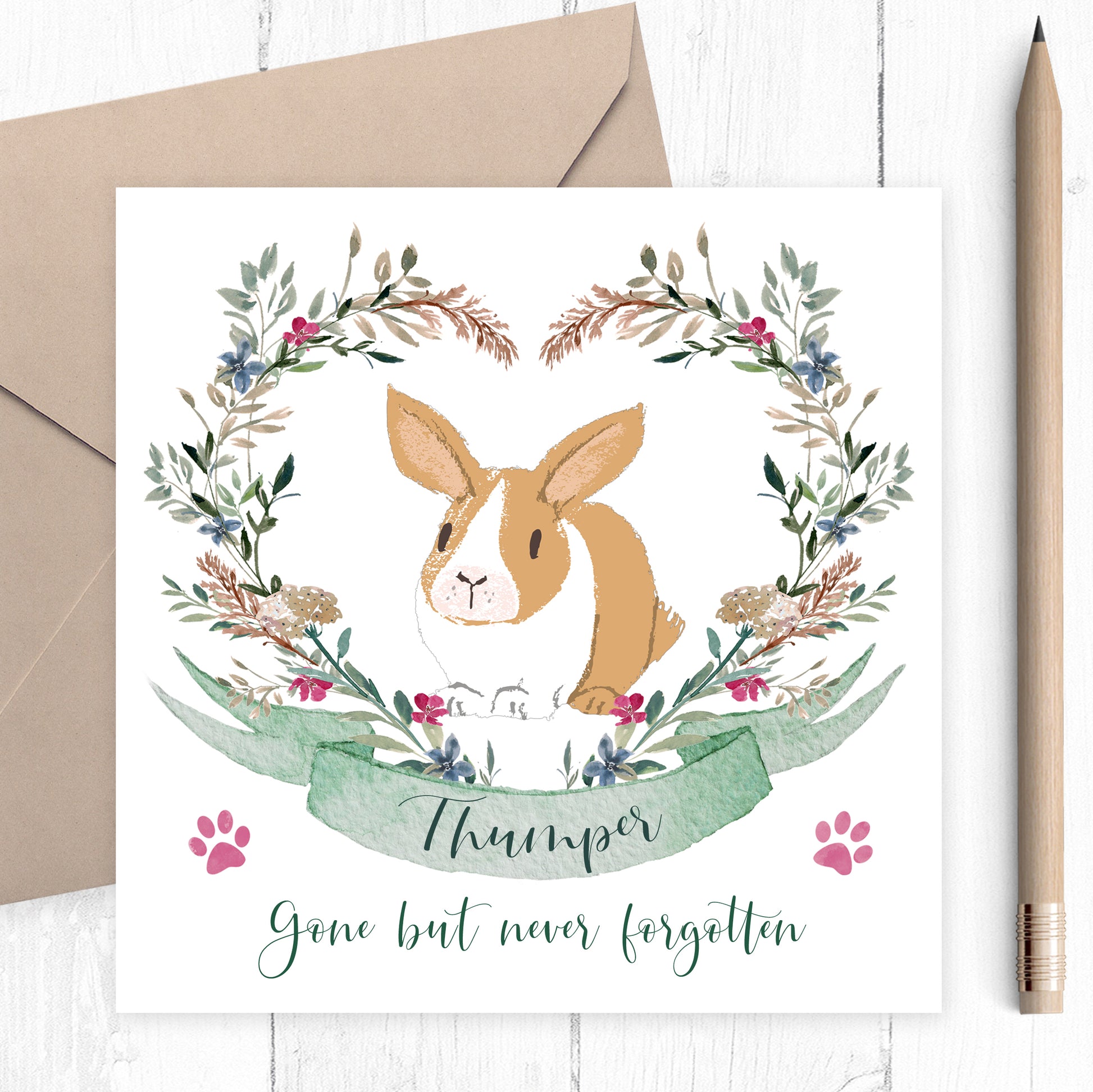 personalised rabbit sympathy card matte white smooth cardstock kraft brown envelope