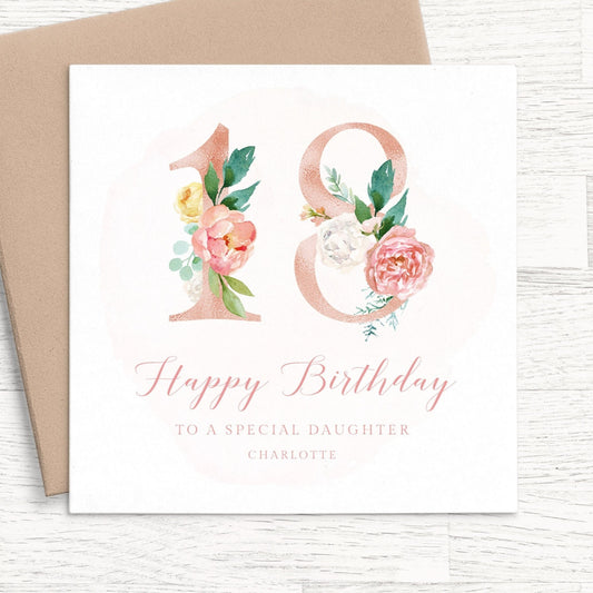 blush pink floral 18th birthday card for daughter personalised matte white cardstock kraft brown envelope square