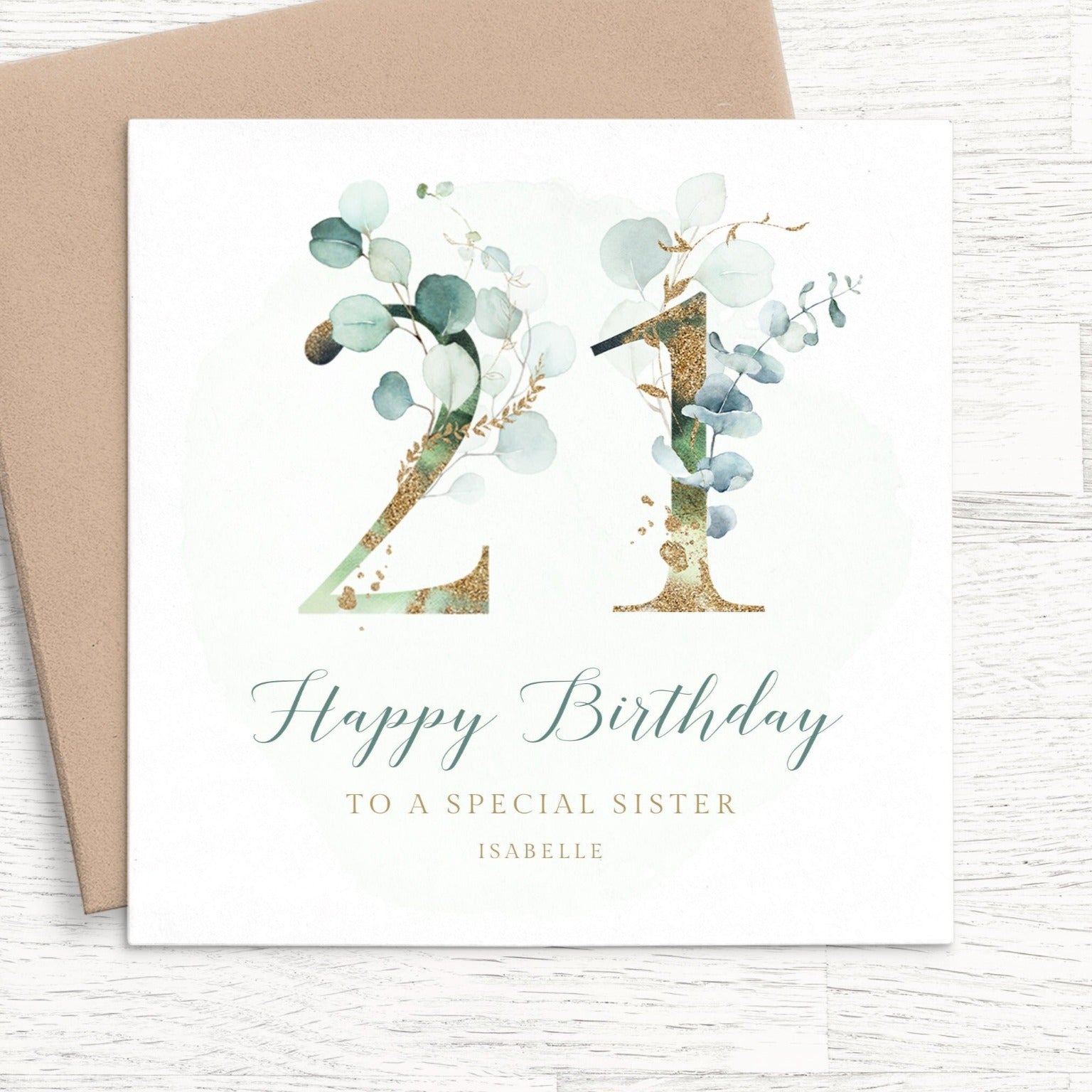 sister eucalyptus 21st birthday card personalised smooth matte white cardstock kraft brown envelope