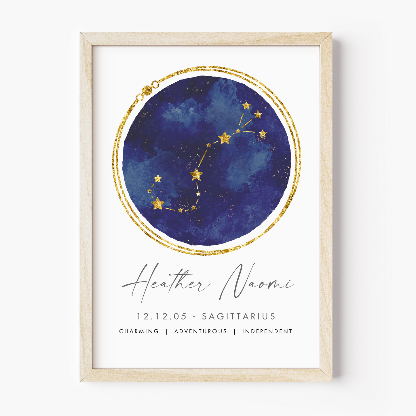 unframed personalised sagittarius zodiac print navy and gold constellation watercolour matte white paperstock