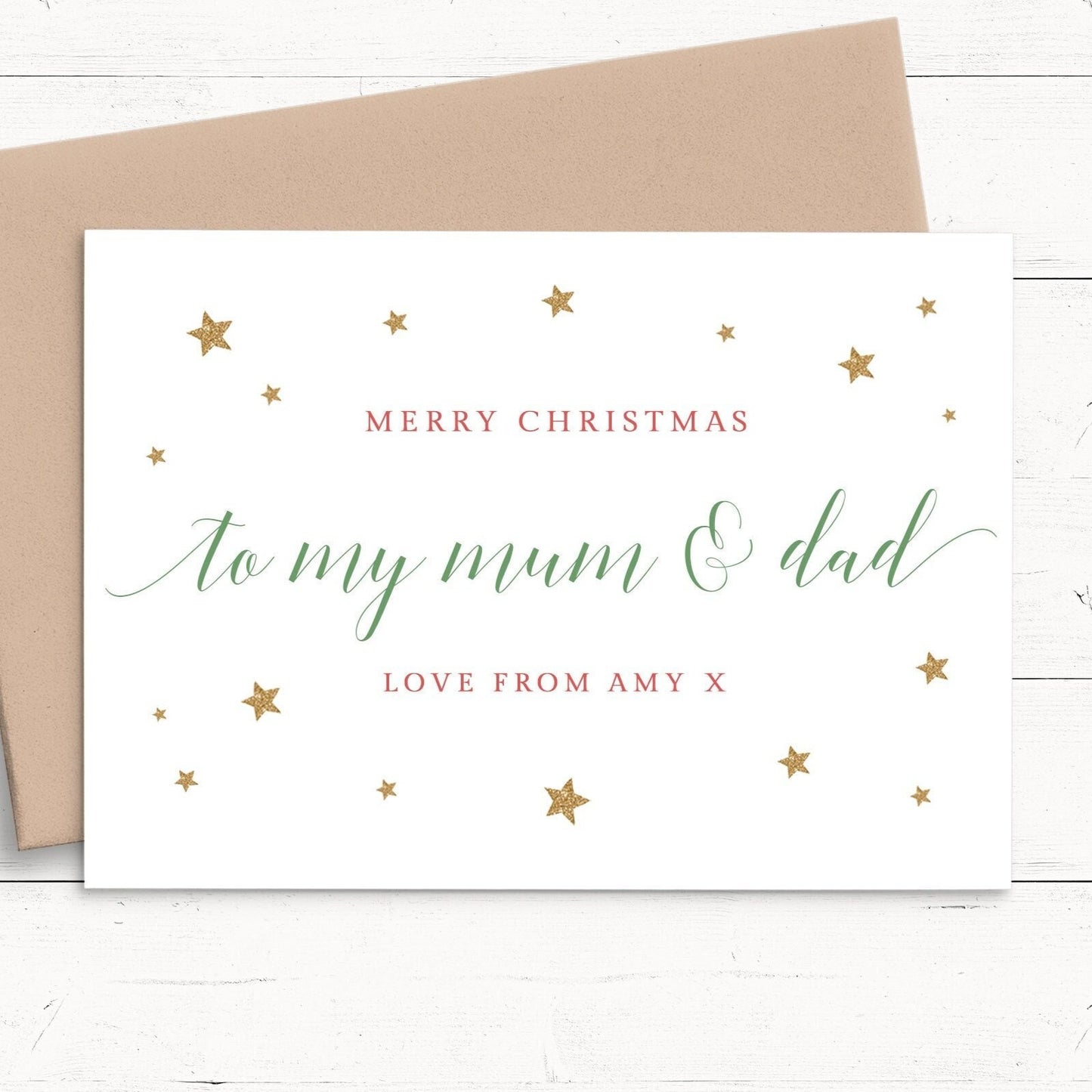 merry christmas mum and dad personalised christmas card matte white cardstock kraft brown envelope man woman father mother parents