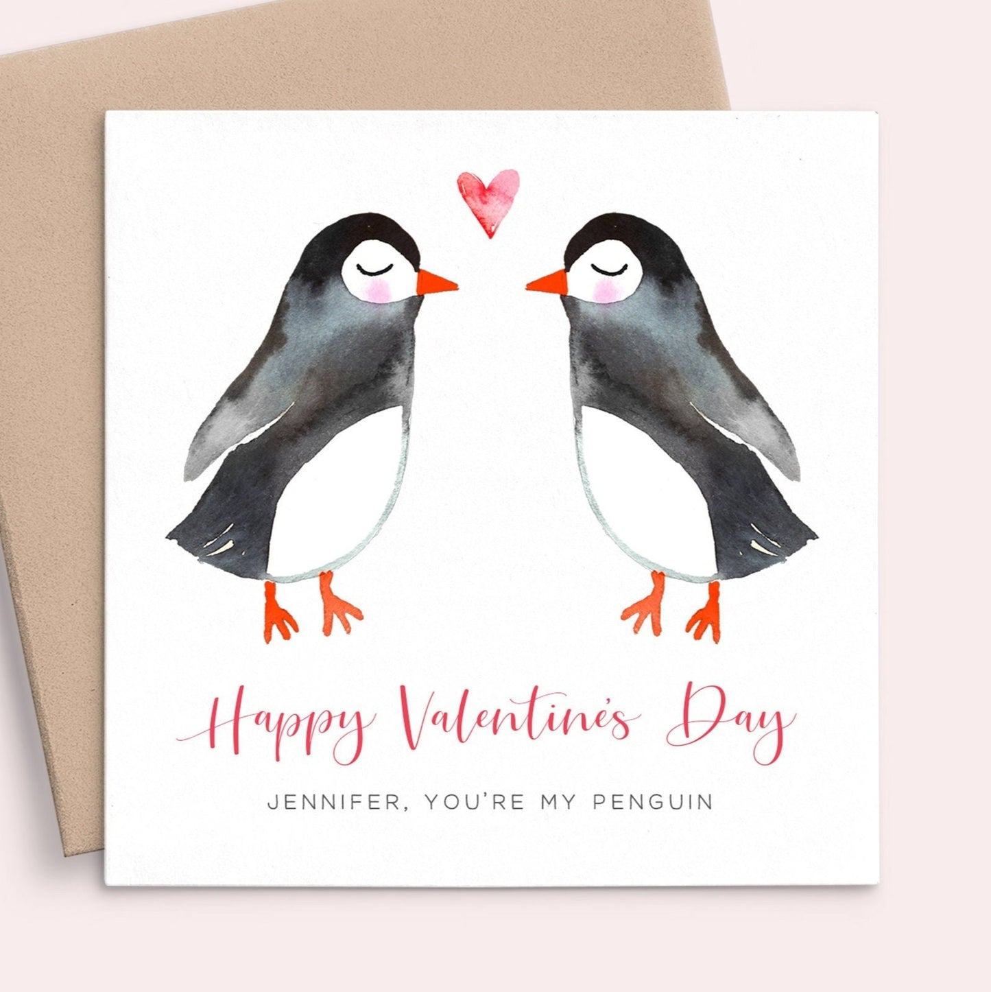 watercolour penguin valentines day card personalised white matte cardstock kraft brown envelope