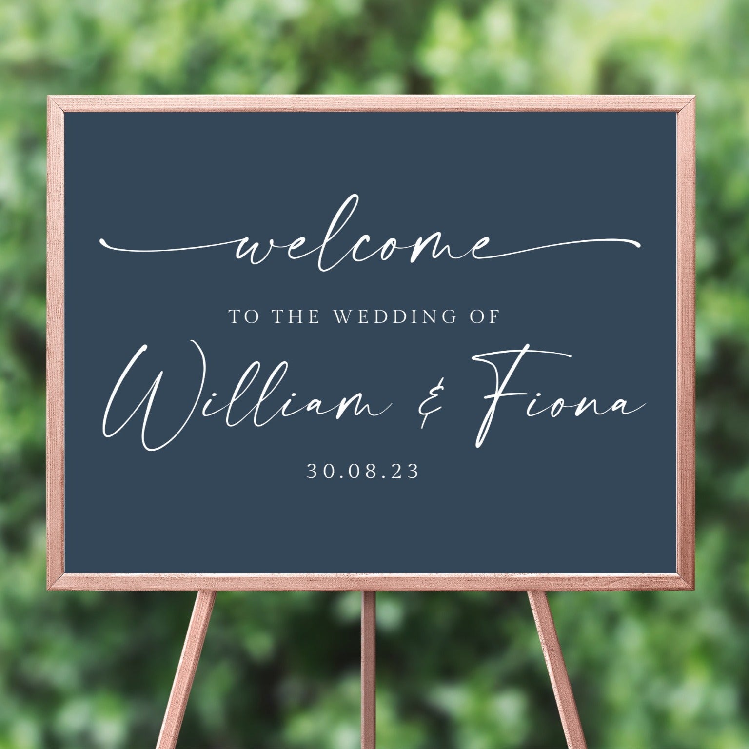 personalized navy blue modern script welcome wedding sign unframed matte smooth white paperstock