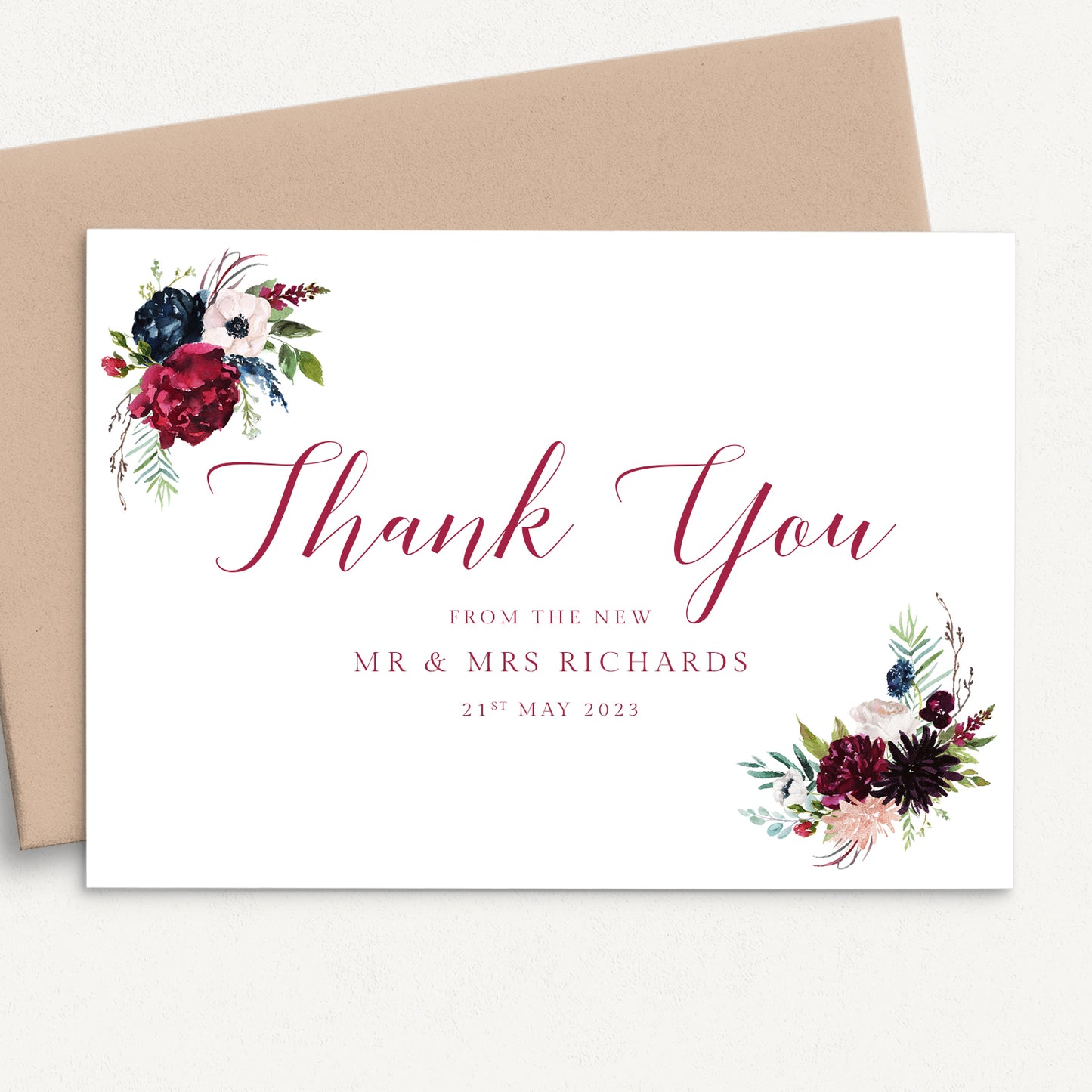 burgundy floral wedding thank you card personalised names date matte white cardstock kraft brown envelope