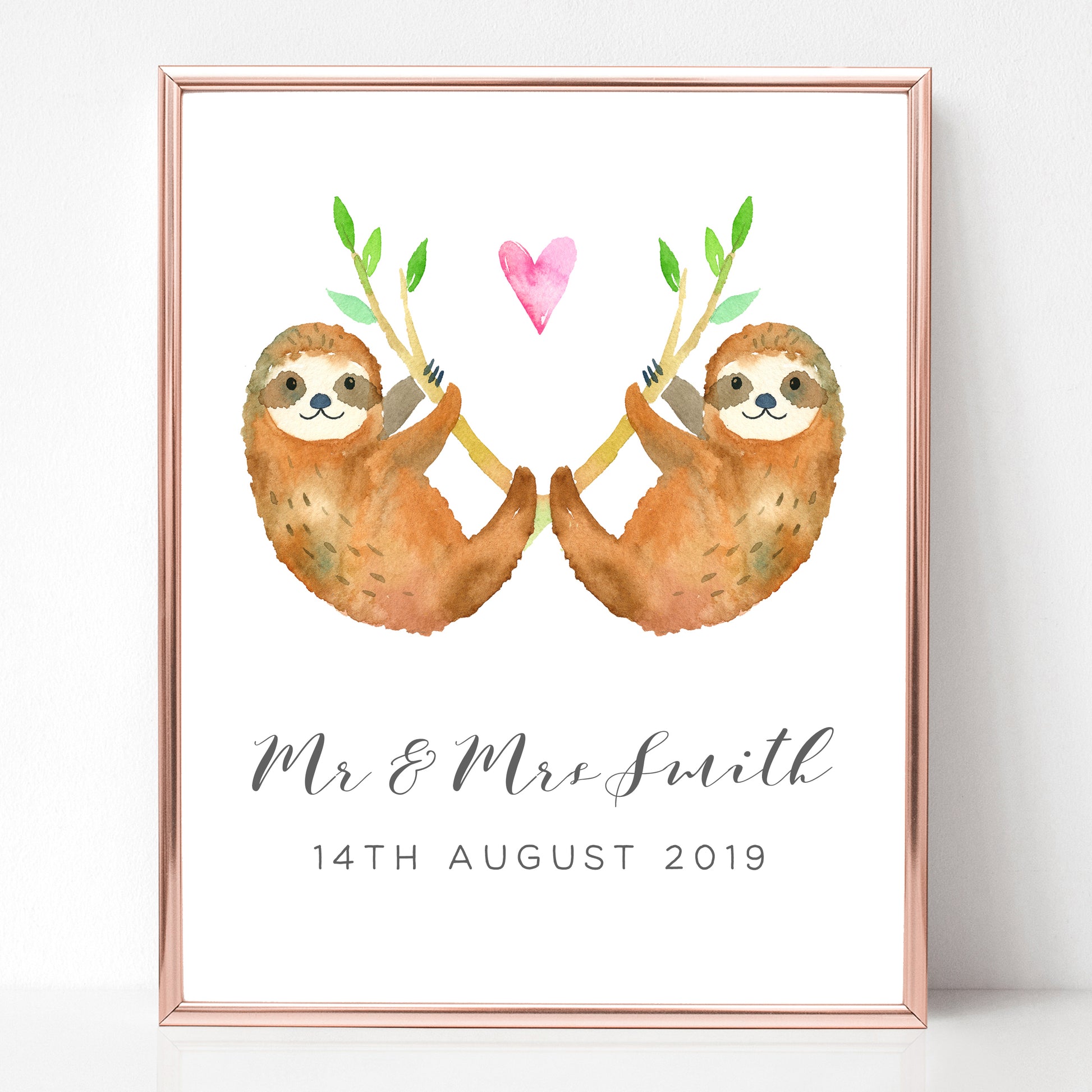 watercolour sloth couple print personalised matte smooth white paperstock unframed