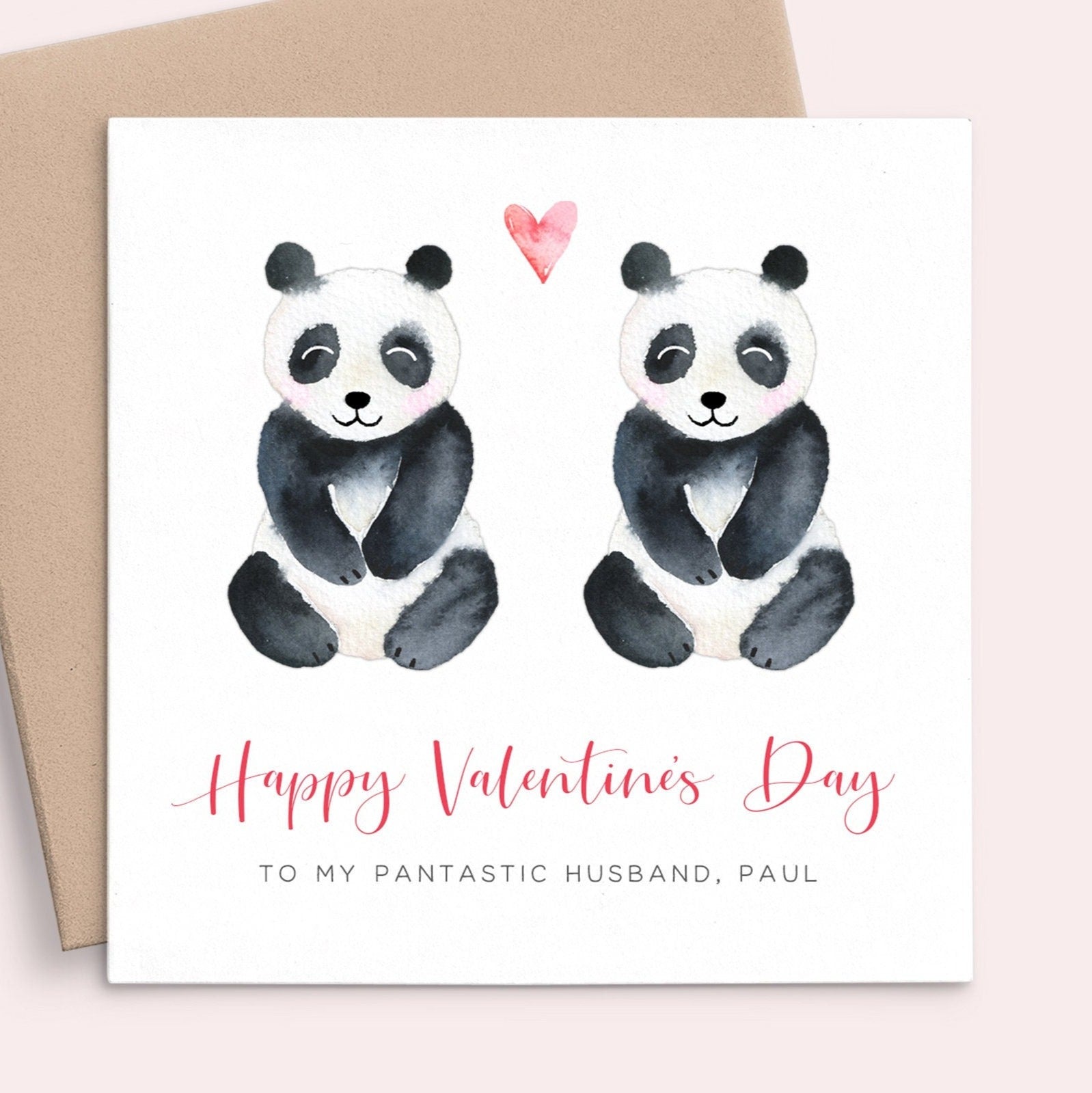 watercolour panda valentines day card husband personalised white matte cardstock kraft brown envelope