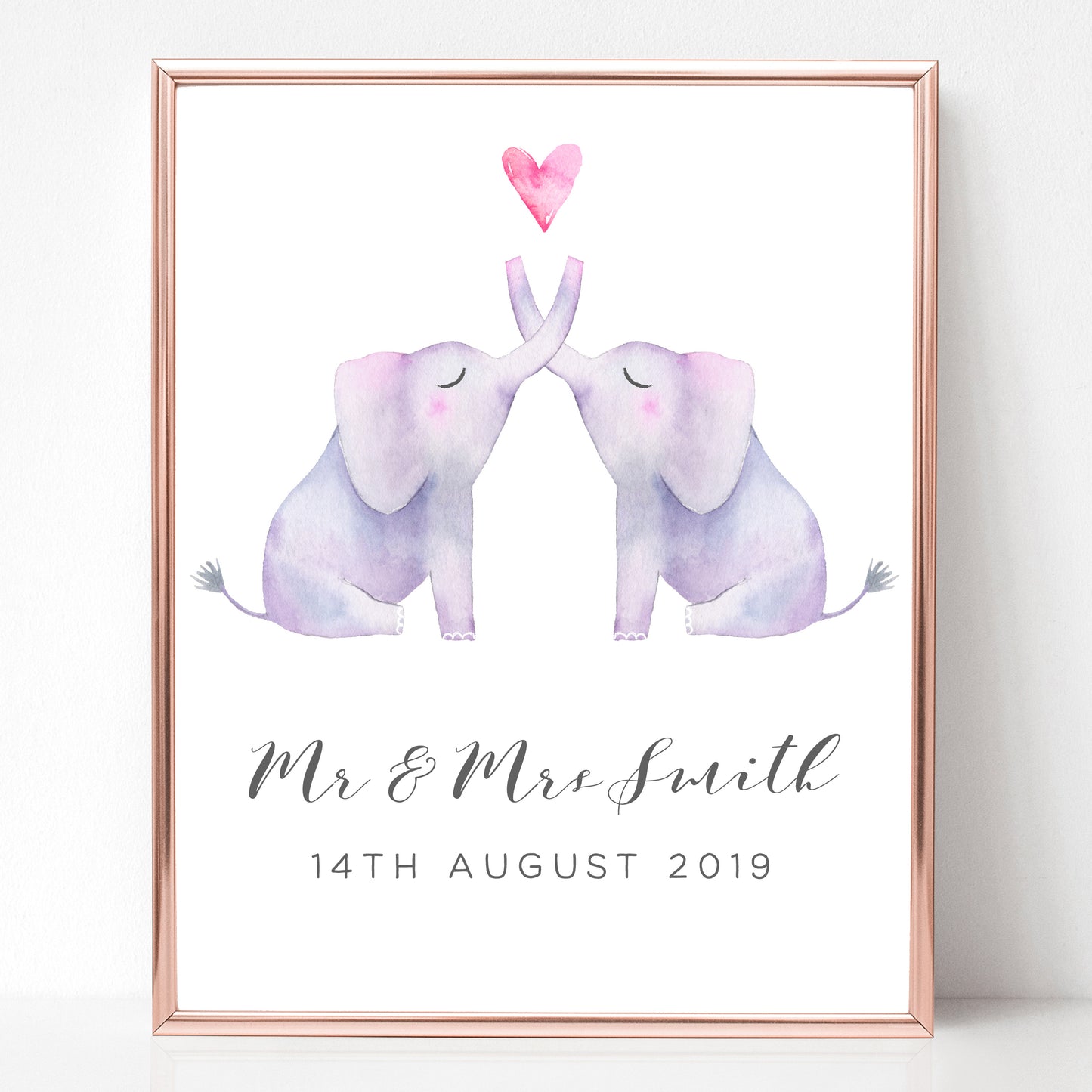 watercolour elephant couple print wedding personalised matte smooth white paperstock unframed