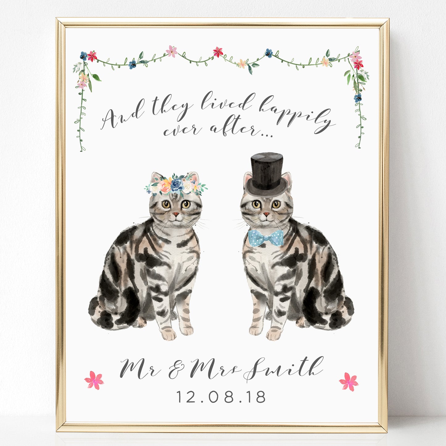 watercolour cat illustration wedding print couple personalised matte white paperstock unframed