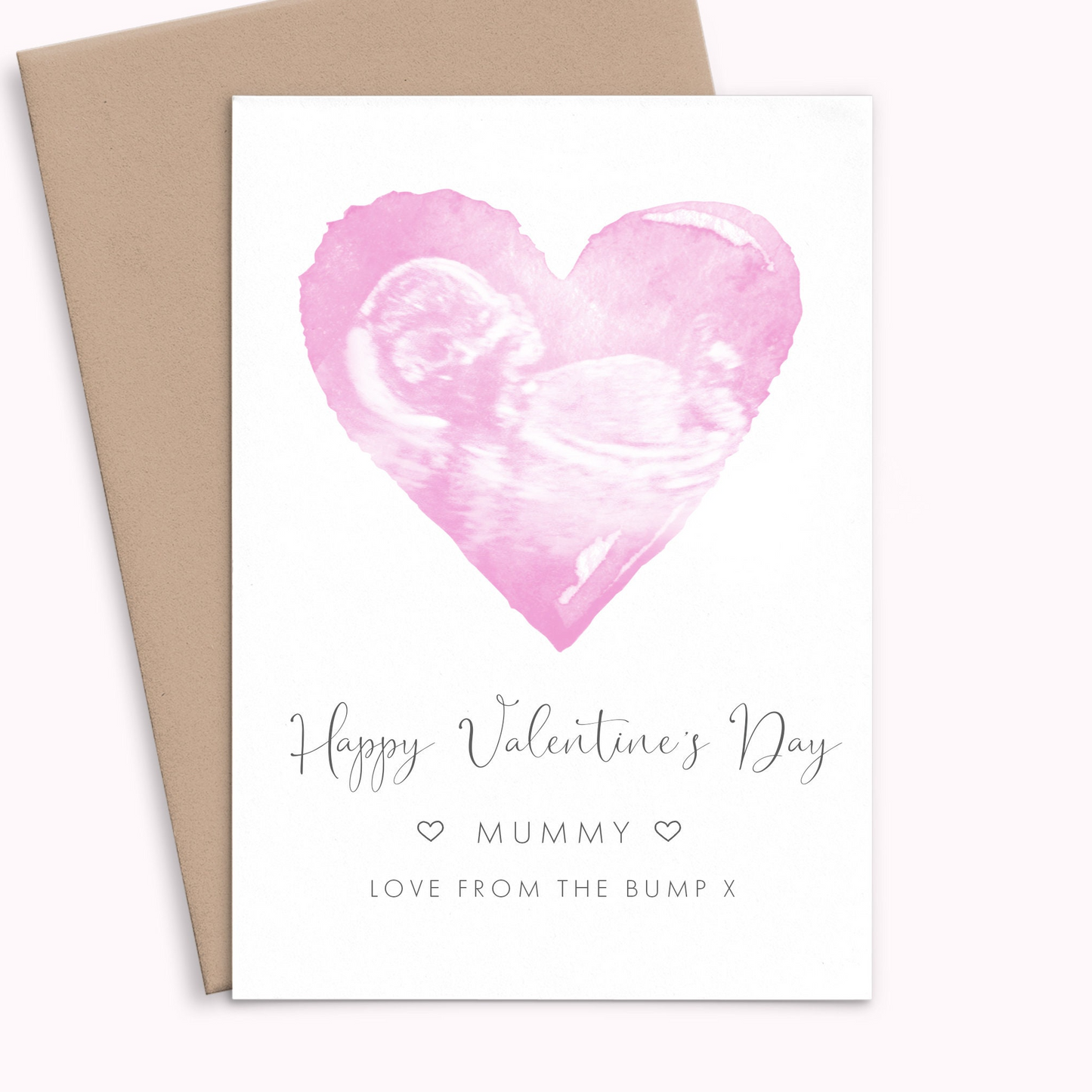 valentines day card for mum to be from the bump personalised with scan whit e smooth matte cardstock kraft brown envelope