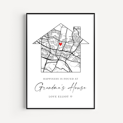 black and white grandmas house city map print personalised matte smooth white paperstock unframed
