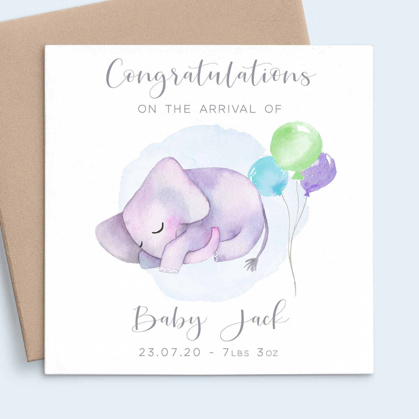Personalised Baby Boy Birth Cards, Watercolour Blue Elephant