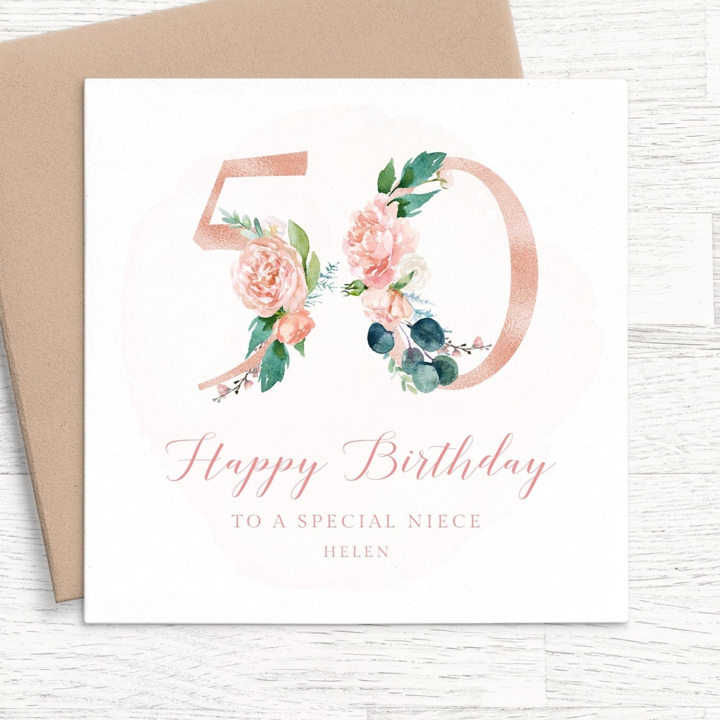 pink floral niece 50th birthday card personalised smooth matte white cardstock kraft brown envelope