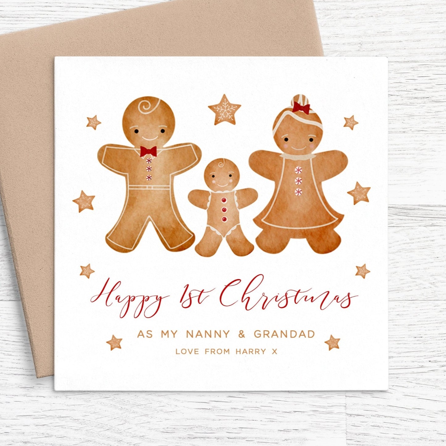 gingerbread happy 1st christmas as my nanny and grandad card personalised kraft brown envelope matte white cardstock