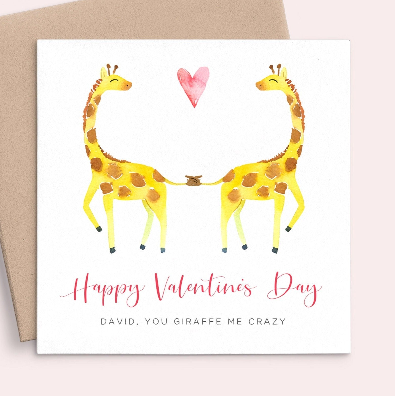 watercolor giraffe valentines card personalised boyfriend name matte white cardstock kraft brown envelope square