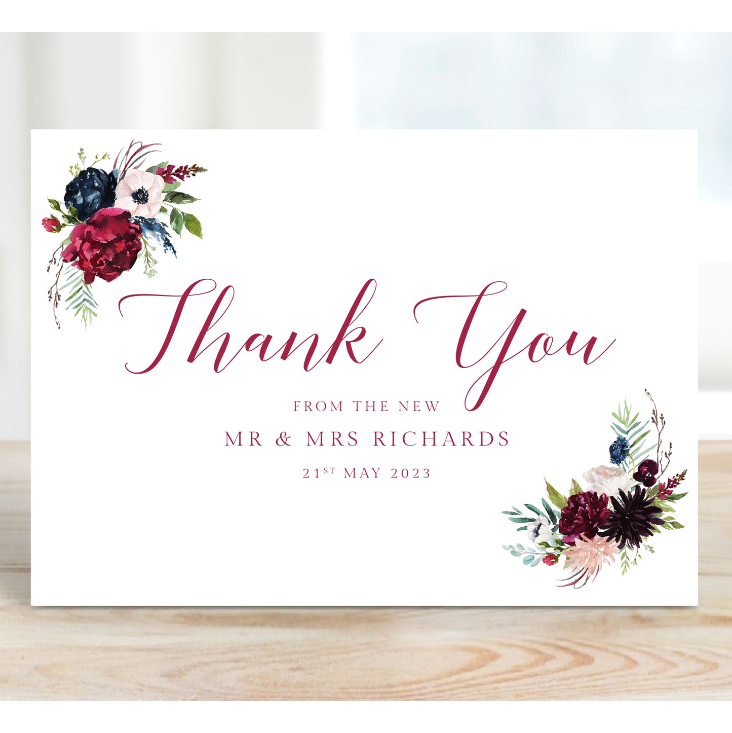 Customized Wedding Thank You Cards, Burgundy Floral Design
