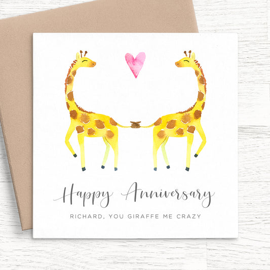 Wedding Anniversary Cards Personalised, Watercolour Giraffe