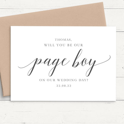modern script will you be my page boy proposal card personalised matte smooth white cardstock kraft brown envelope