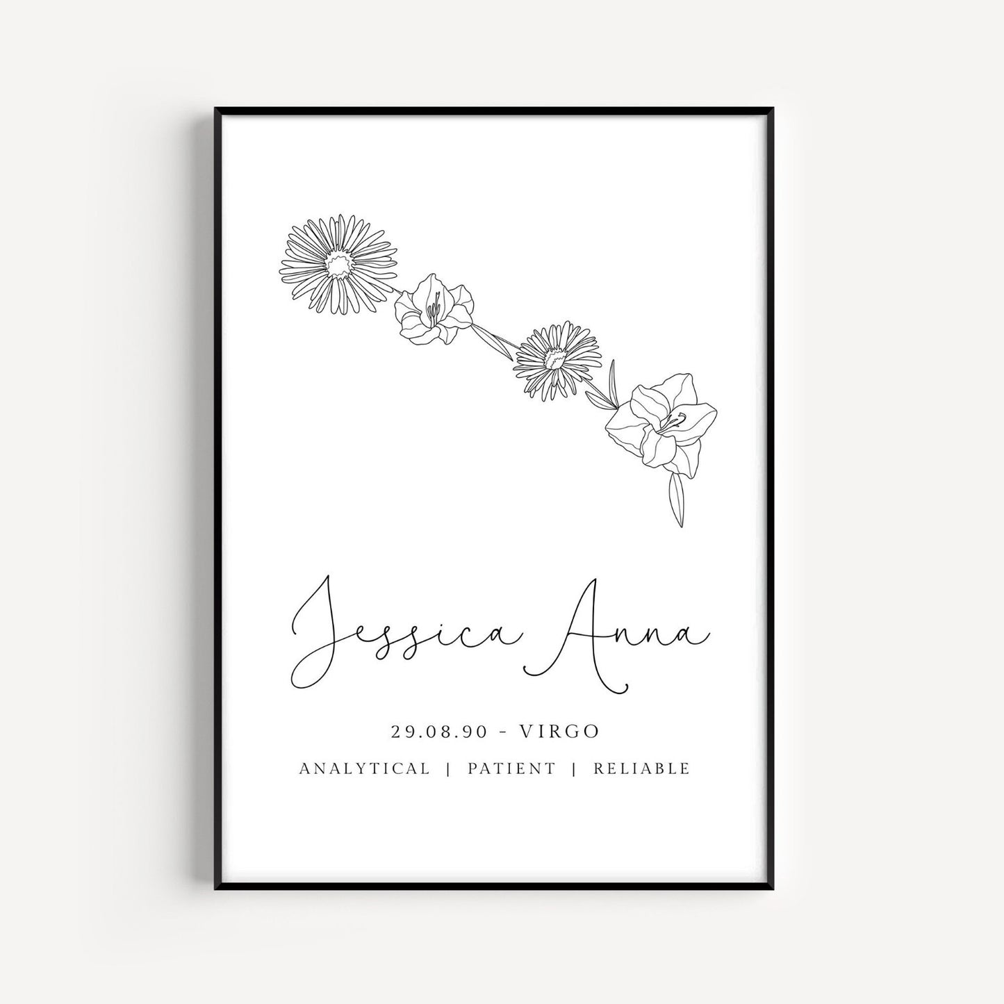 virgo zodiac birth flower line art print personalised with name and date background colour of your choice matte paperstock unframed