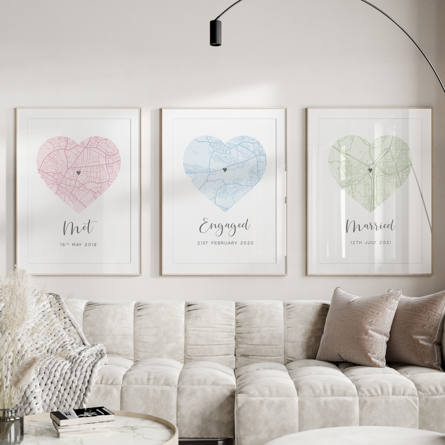 set of 3 city map prints met engaged married personalised matte smooth white paperstock unframed