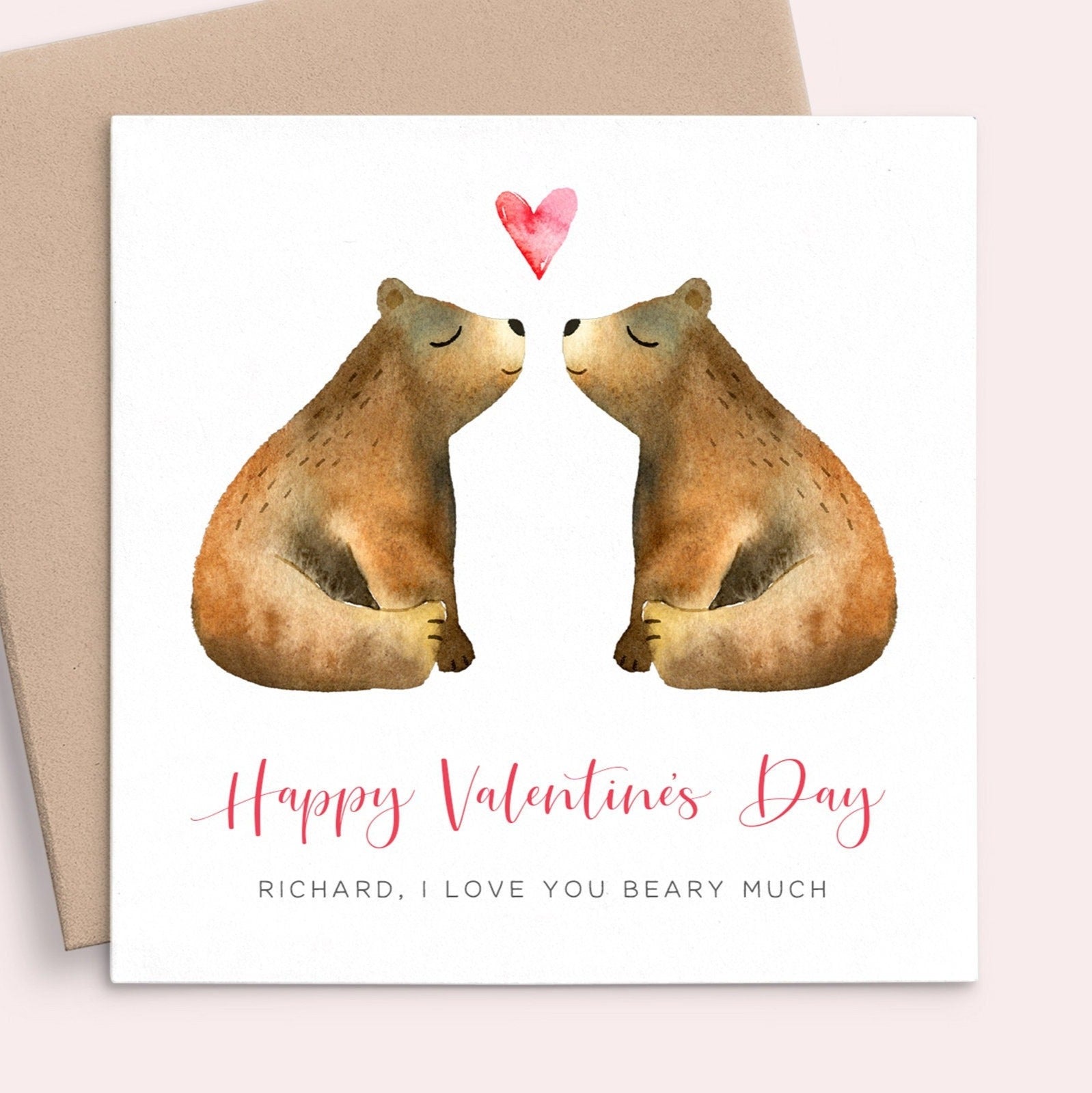 watercolour bear valentines day card husband personalised name matte white cardstock kraft brown envelope square 