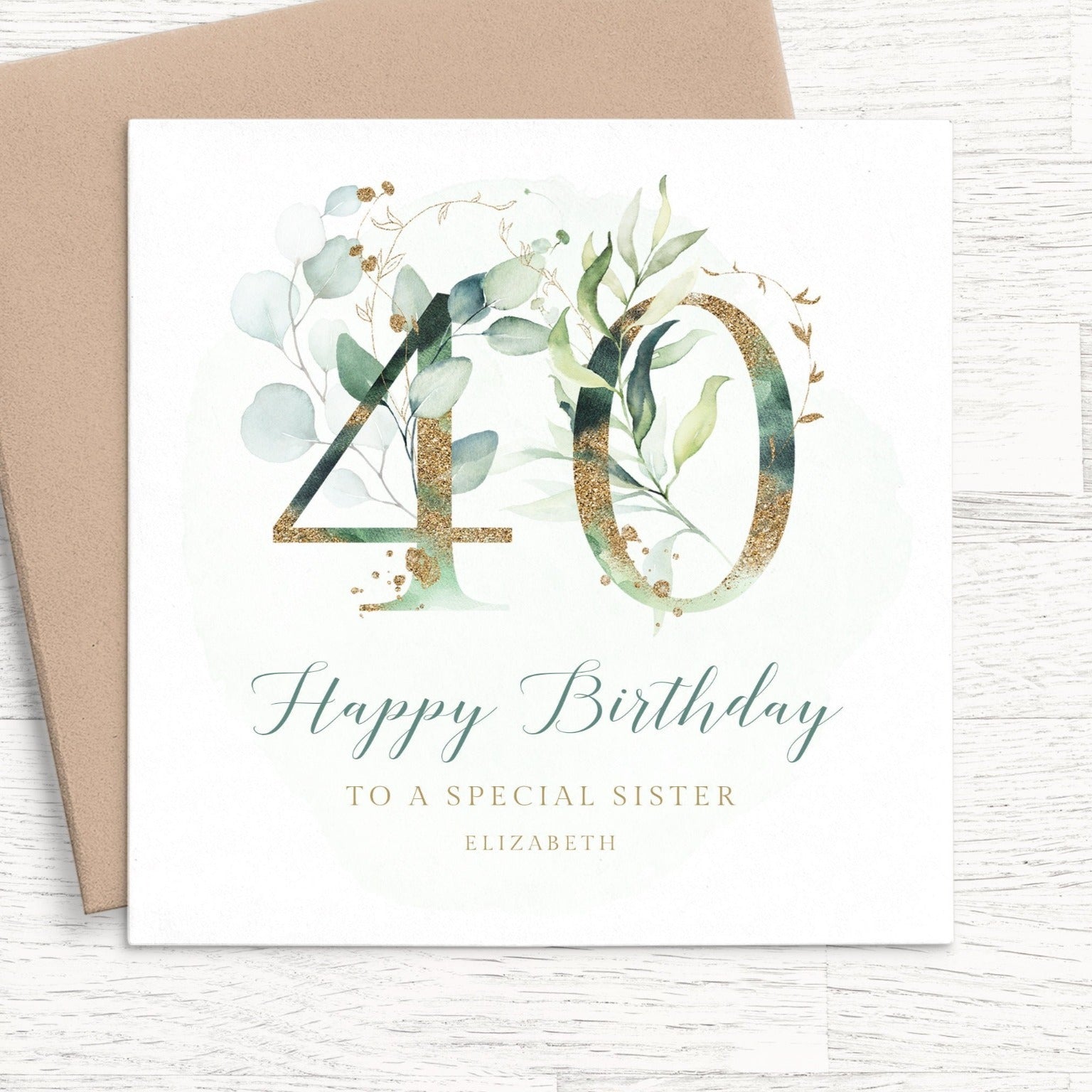 sister eucalyptus 40th birthday card personalised smooth matte white cardstock kraft brown envelope